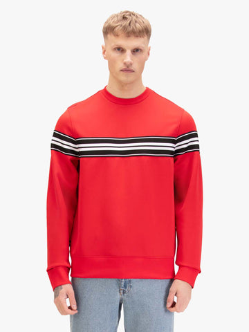 Men's red sweatshirt with crew neck, worn by a model, front view