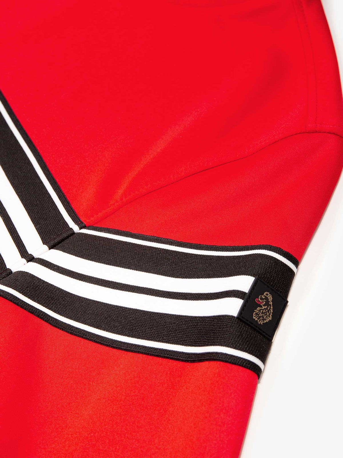 Close-up of LUKE 1977 lion head rubber badge on striped sleeve tape of red Noel sweatshirt