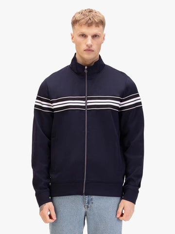 Men's navy sweatshirt with mock neck, worn by a model, front view