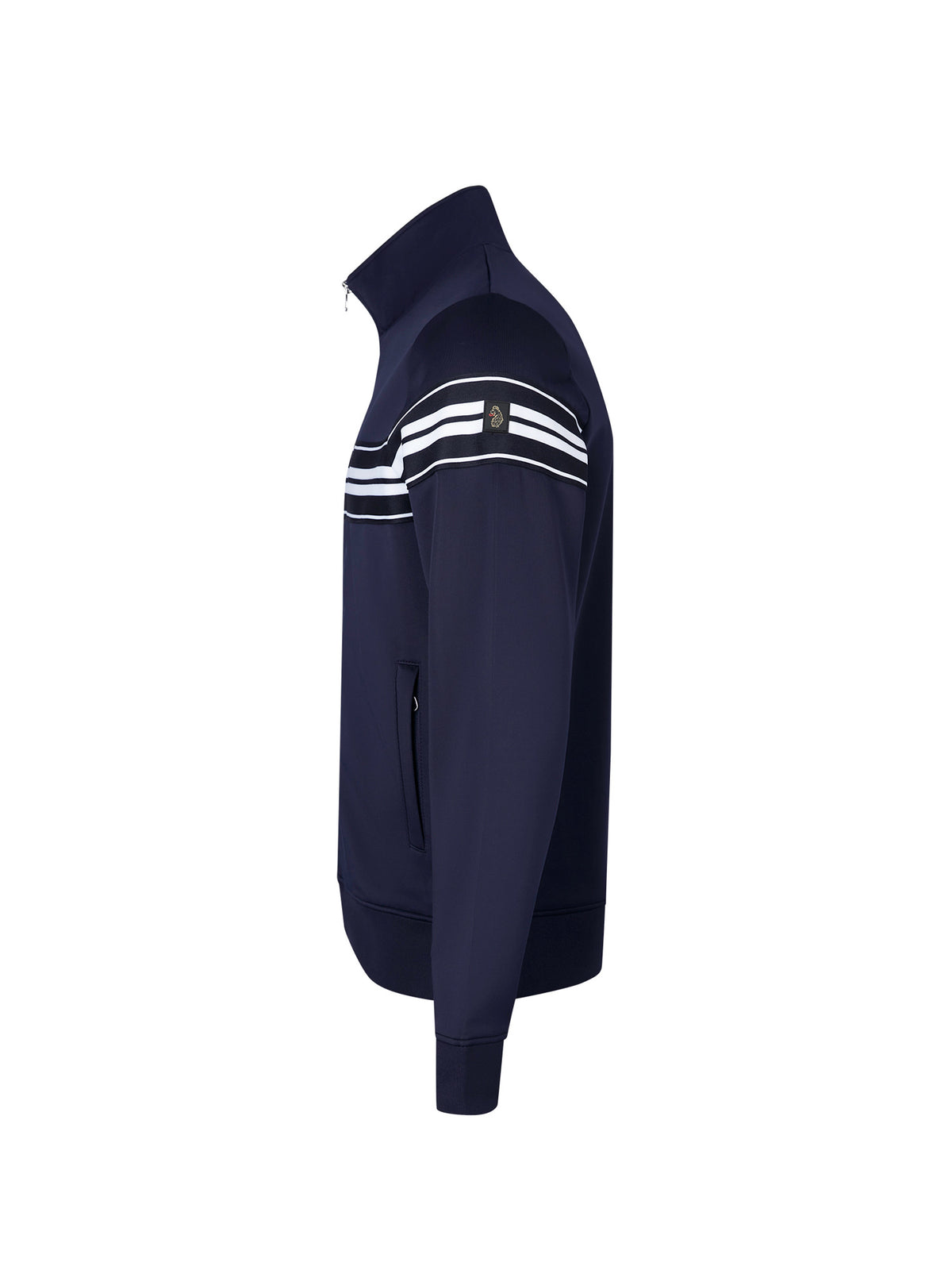 Men's navy sweatshirt with mock neck, back view