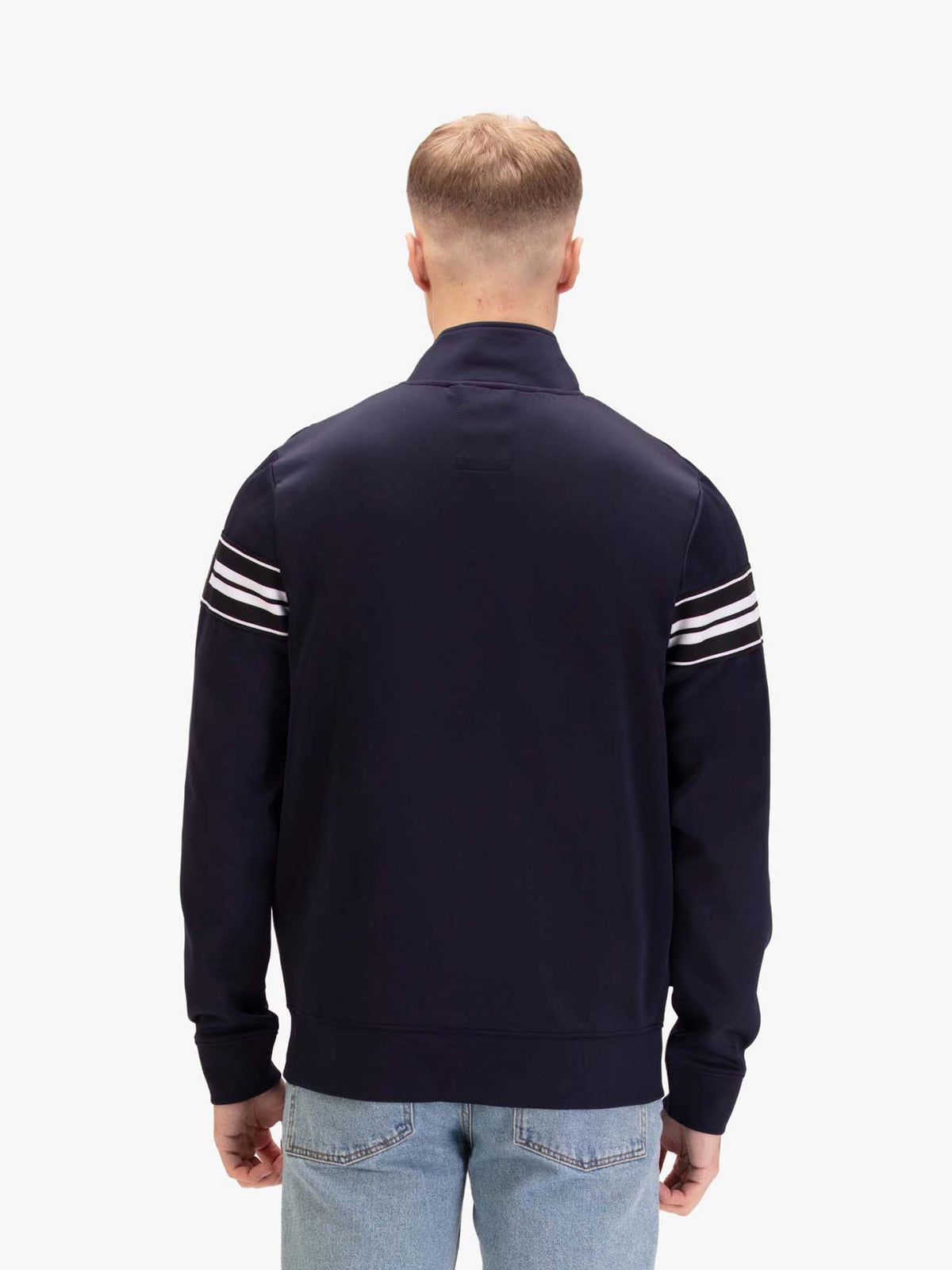 Men's navy sweatshirt with mock neck, worn by a model, back view
