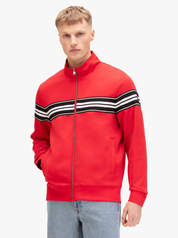 Men's red sweatshirt with mock neck.