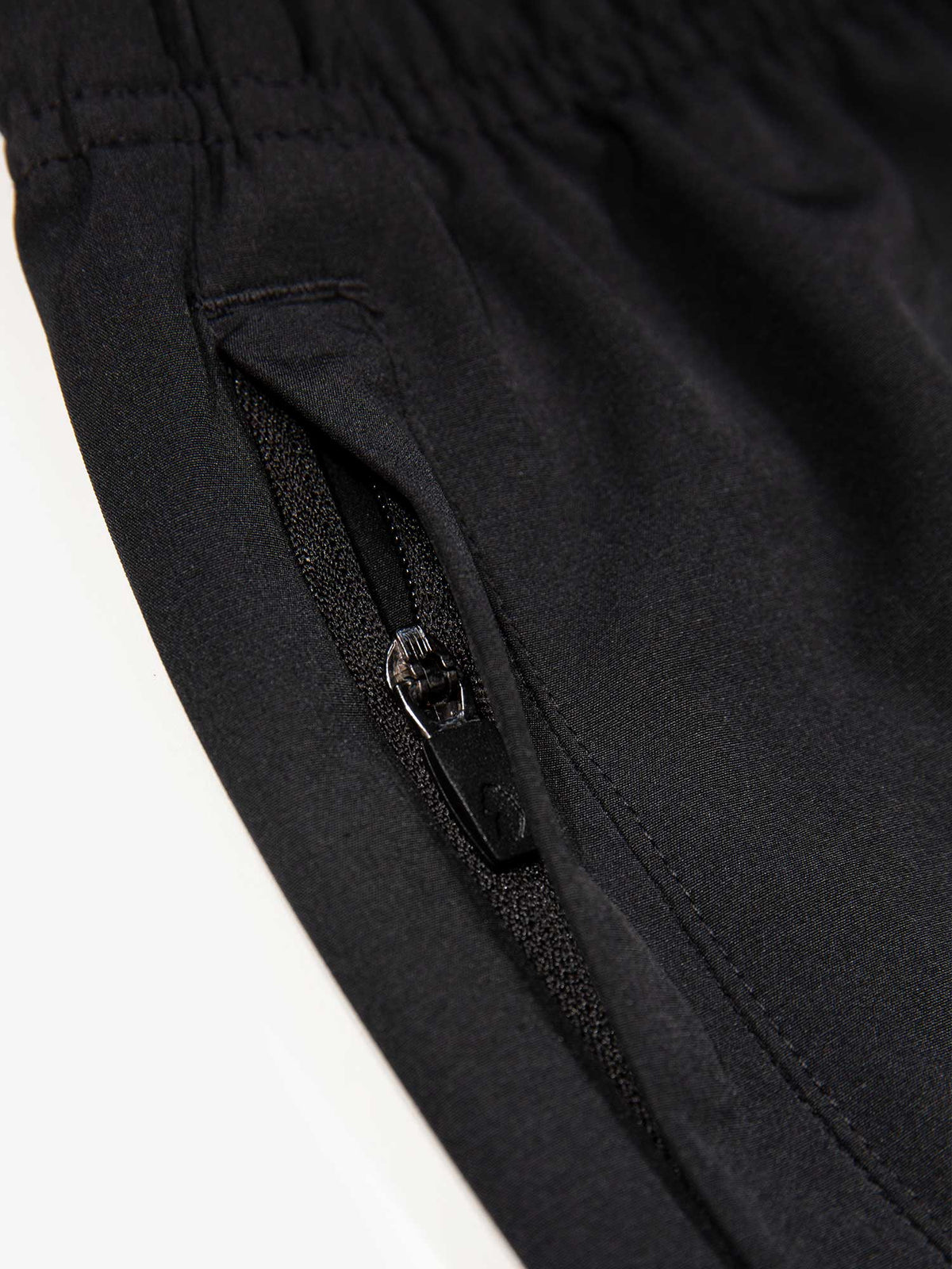 Close-up of zip pocket on black LUKE 1977 Knowle lightweight joggers from the Moseley tracksuit