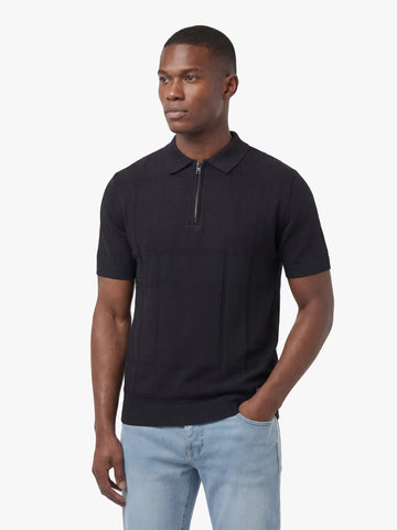 Elgin Textured Check Knitted Polo Shirt - Black