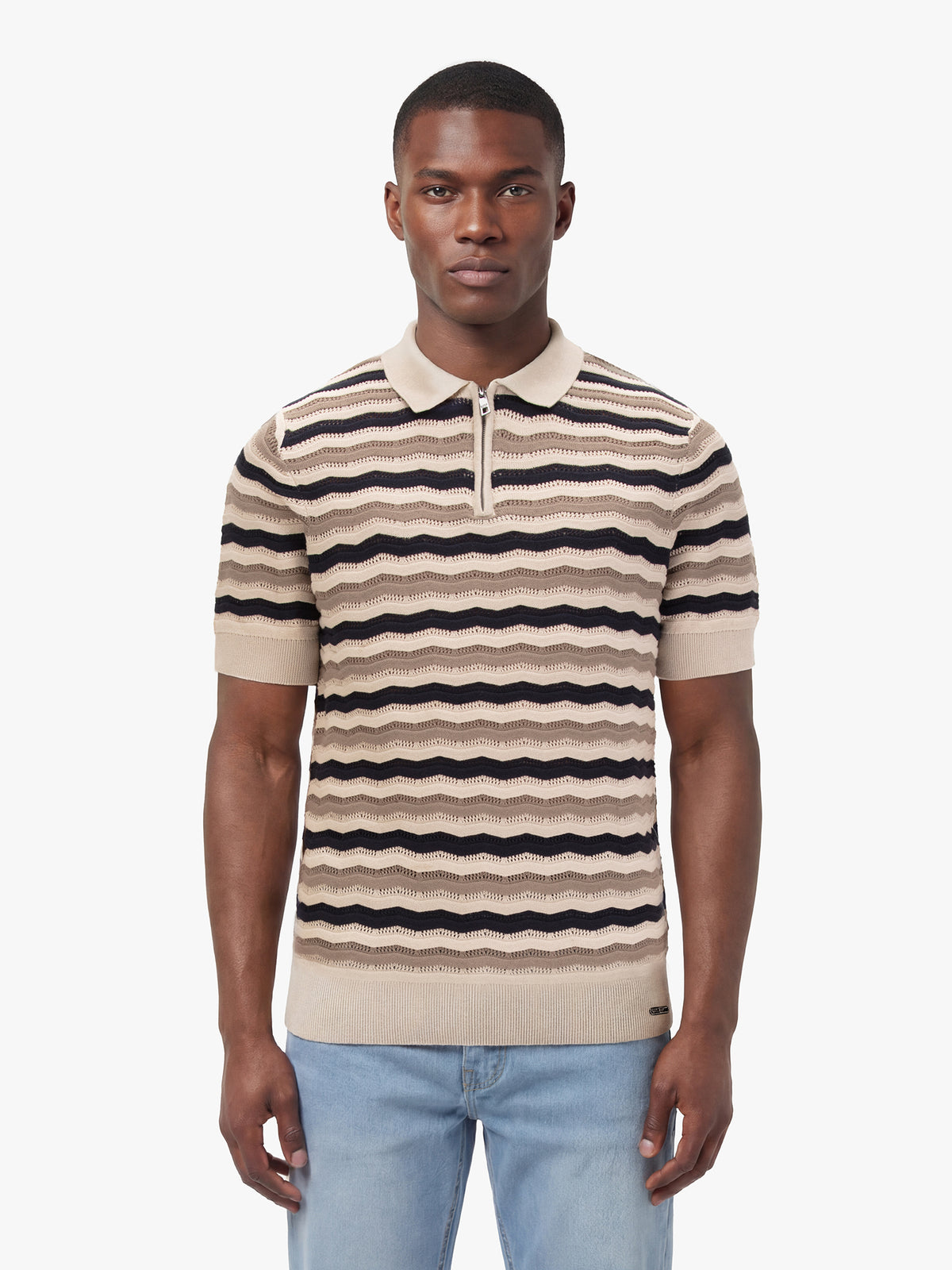 Men's navy jumper with half-zip neck, front view