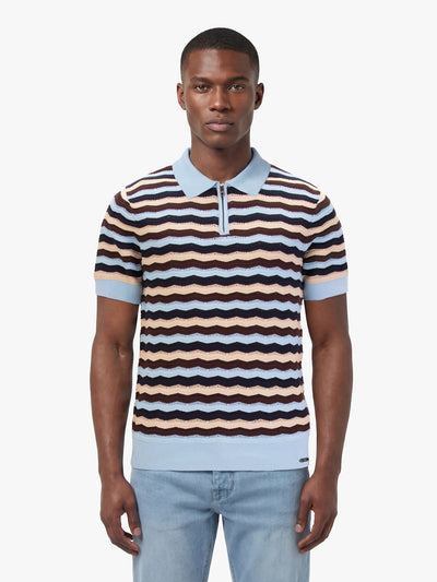 Men's blue jumper with half-zip neck, front view