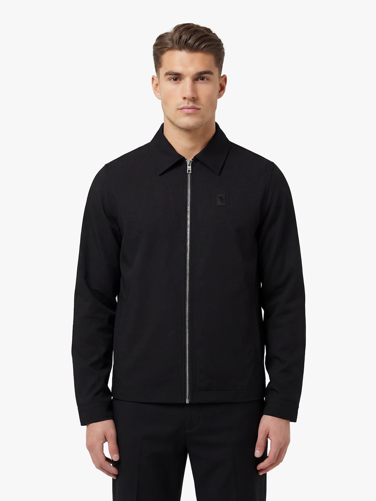 Men's black jacket with snap-button front and front pocket, front view