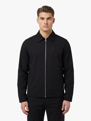 Men's black jacket with snap-button front and front pocket, front view