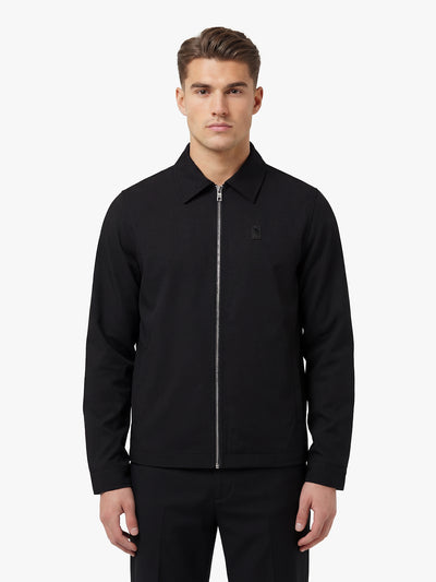 Men's black jacket with snap-button front and front pocket, front view