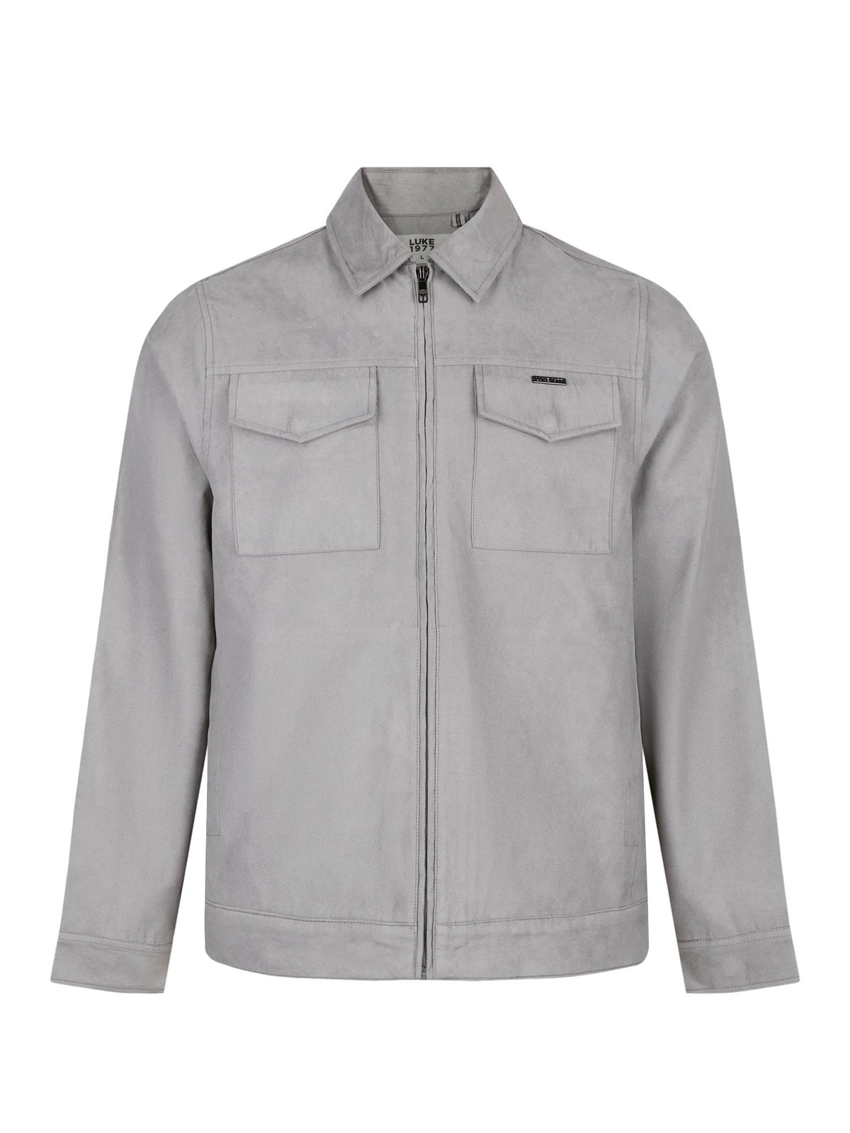 Men's grey jacket with zip-up front and front pocket, front view