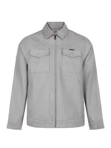 Men's grey jacket with zip-up front and front pocket, front view