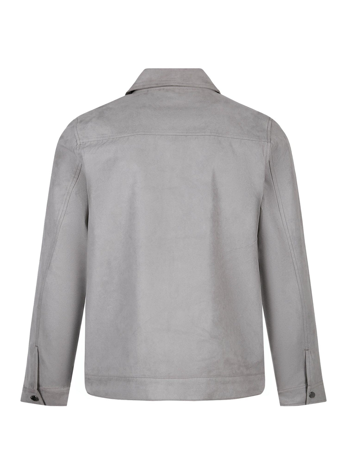 Men's grey jacket with zip-up front and front pocket, back view