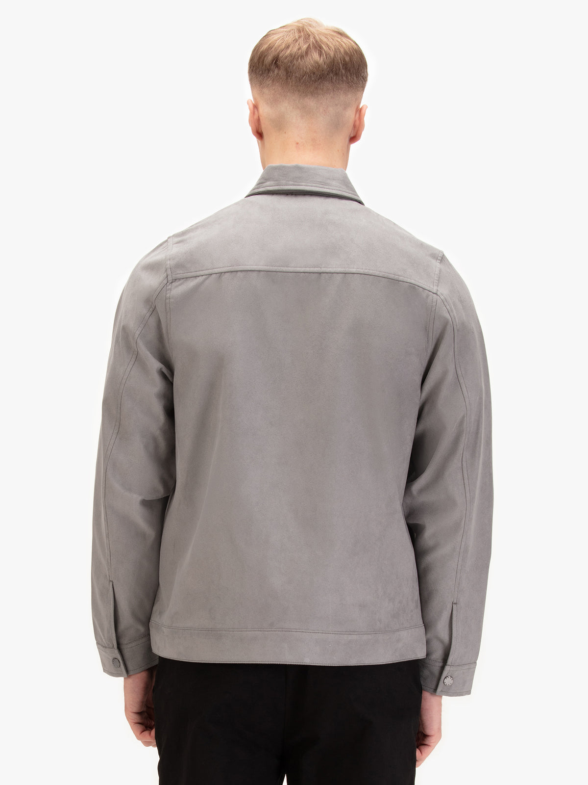 Men's grey jacket with zip-up front and front pocket.