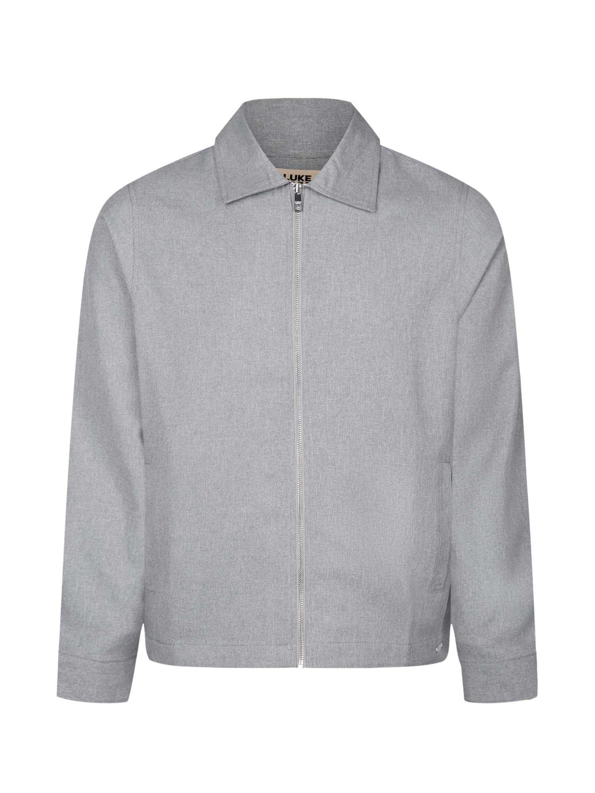 Men's grey jacket with snap-button front, front view