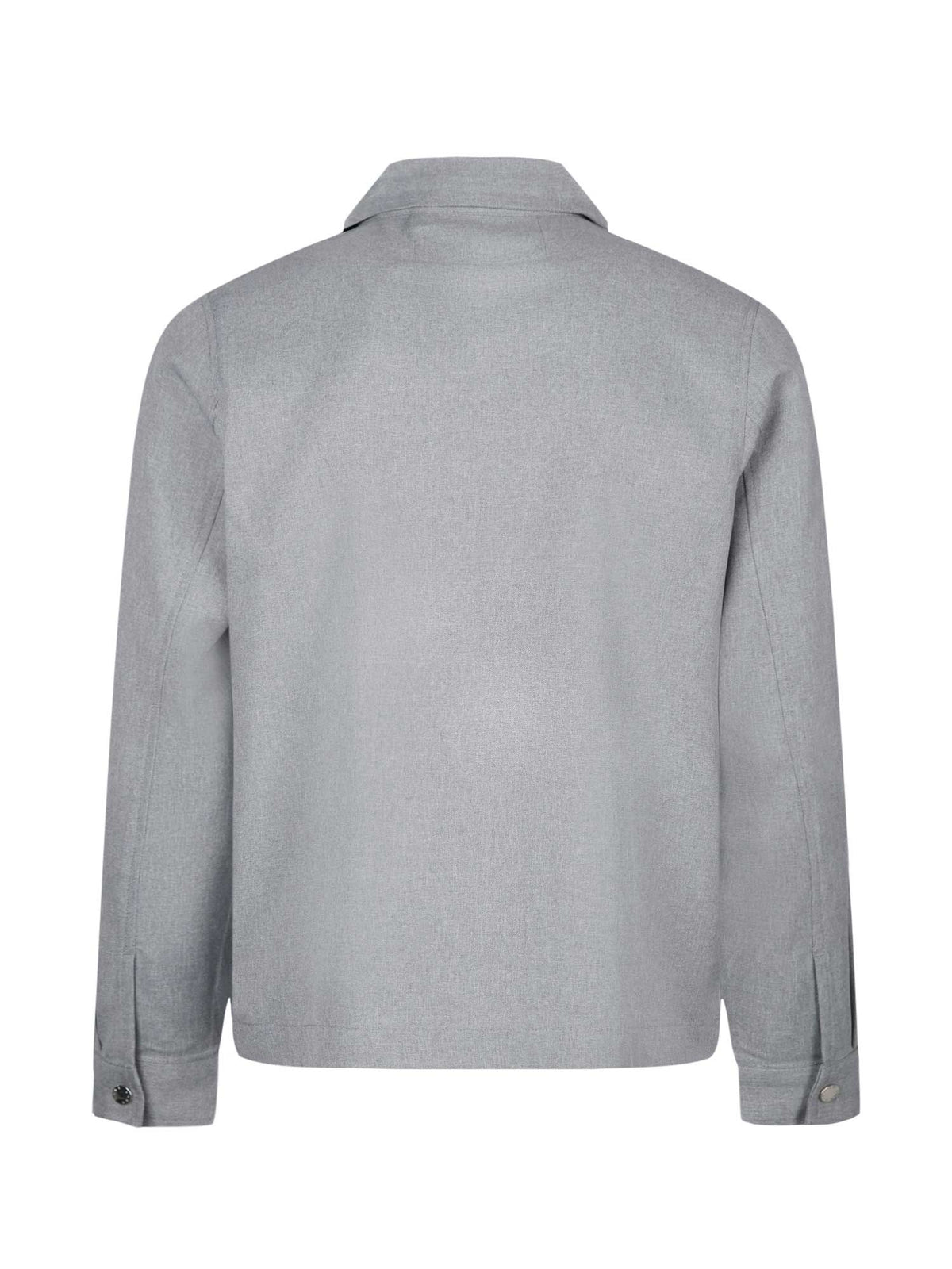 Men's grey jacket with snap-button front, back view