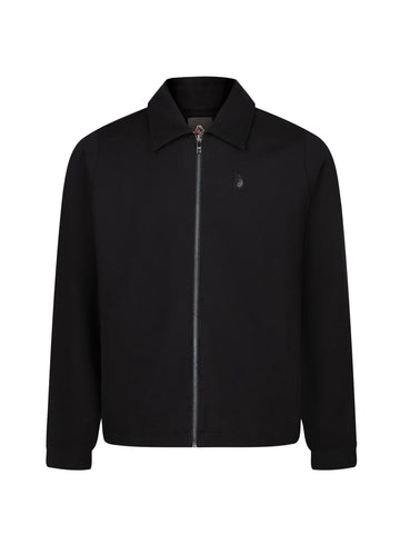 Men's black jacket with snap-button front and front pocket, front view