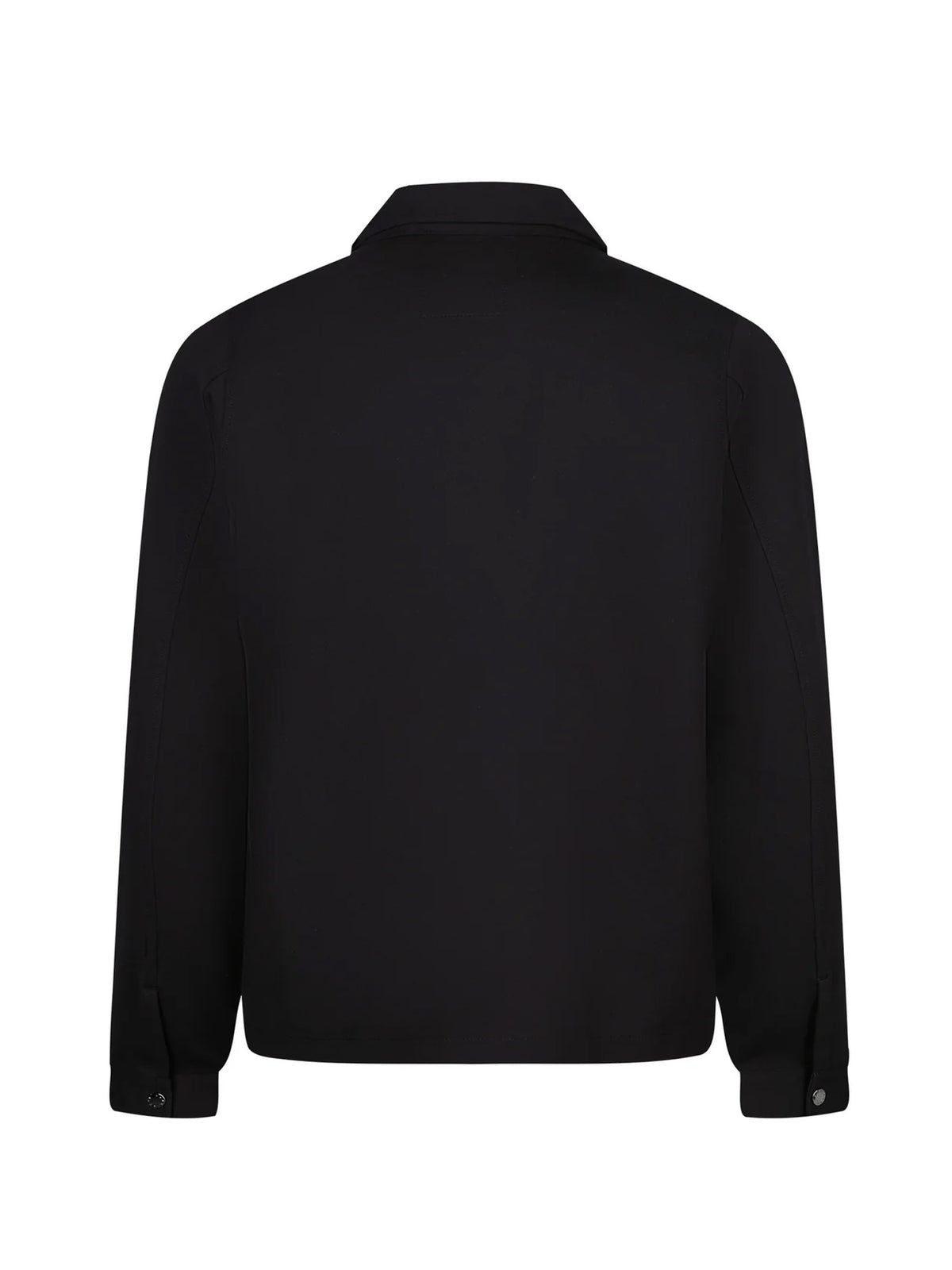 Men's black jacket with snap-button front and front pocket, side view