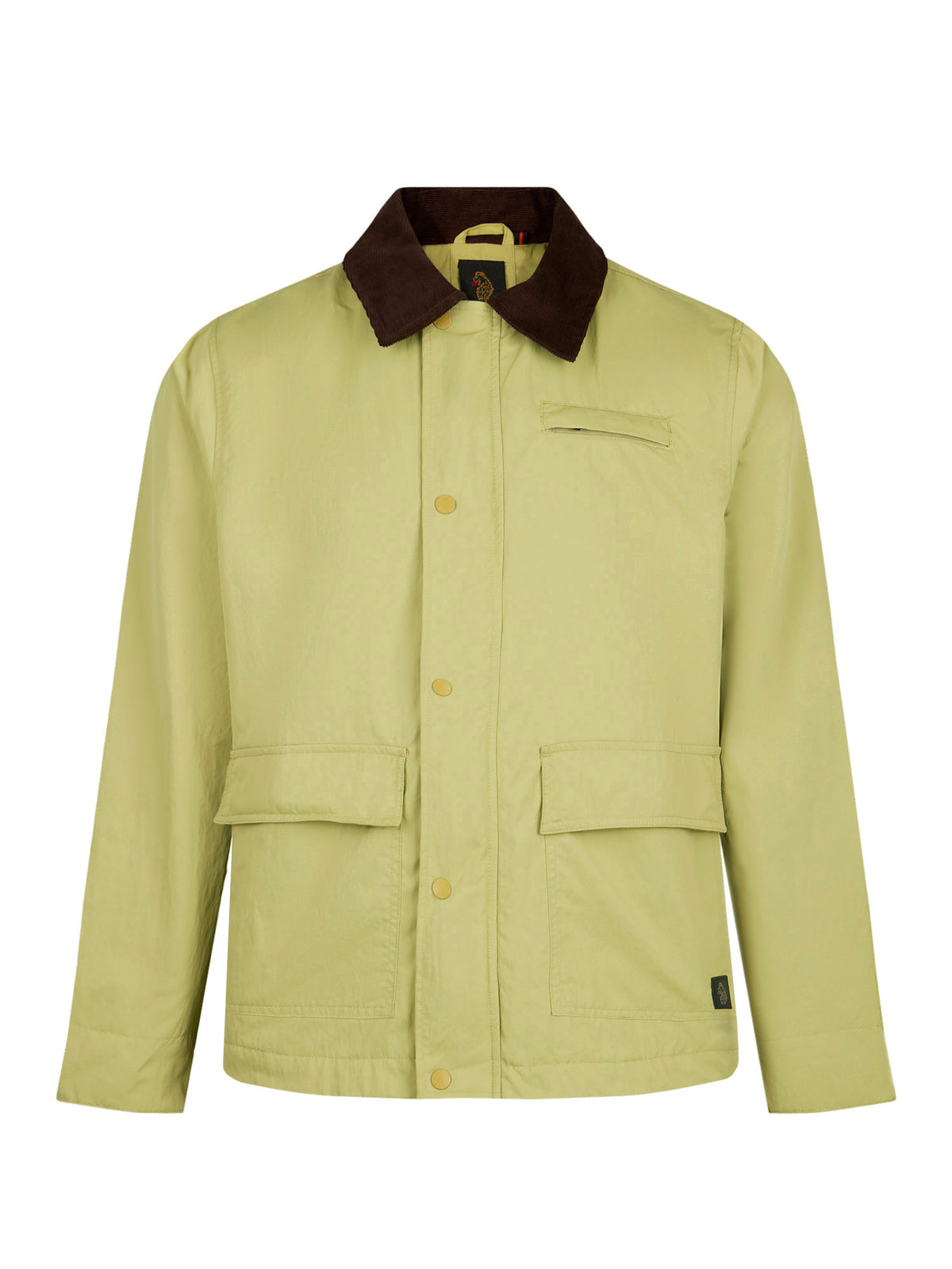 Men's green jacket with zip-up front and chest pocket, front view