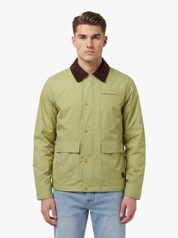 Men's green jacket with zip-up front and chest pocket, front view