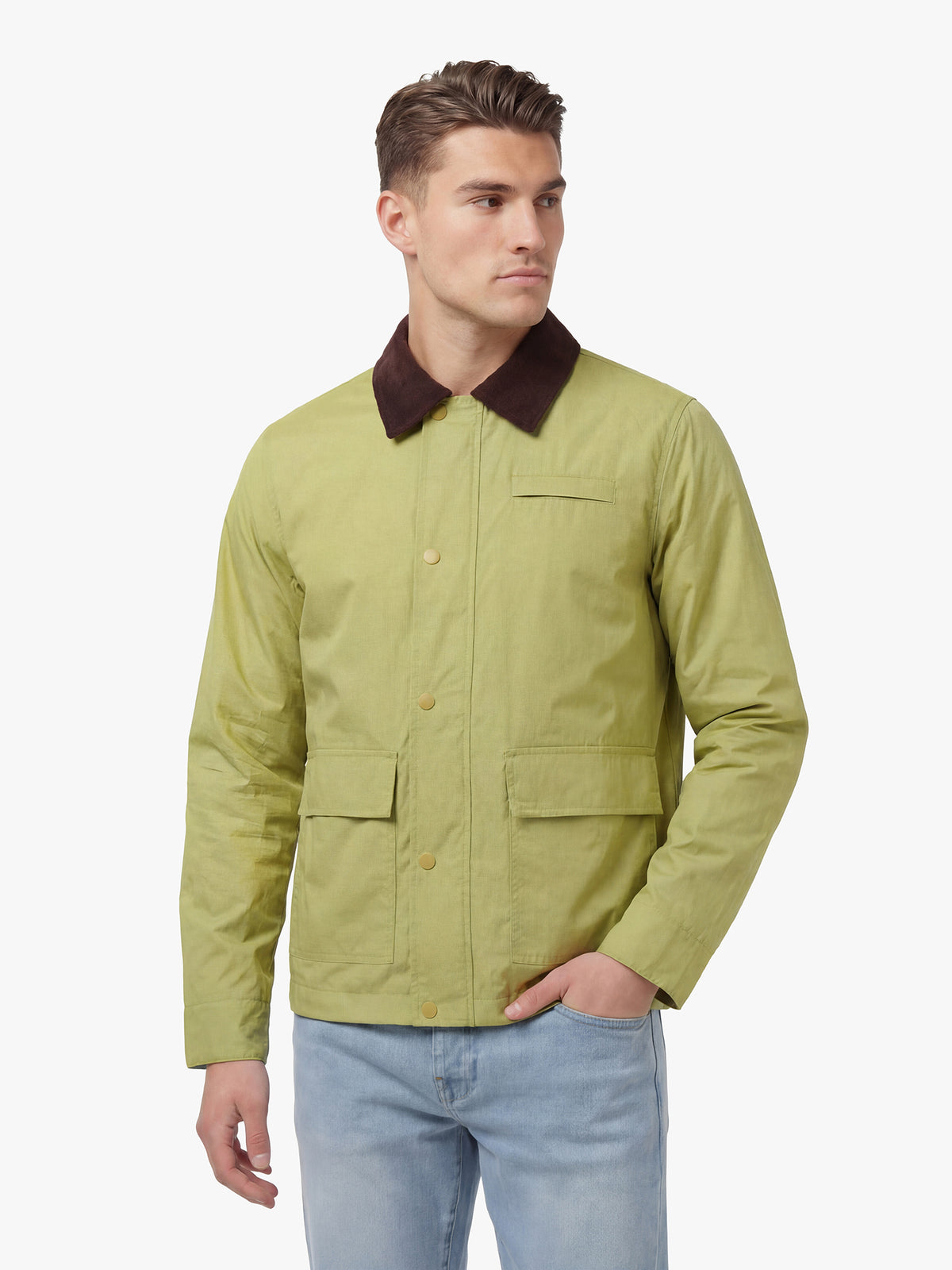Men's green jacket with zip-up front and chest pocket, back view