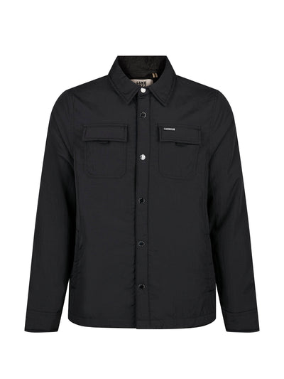 Men's black jacket with button-up front and front pocket, front view