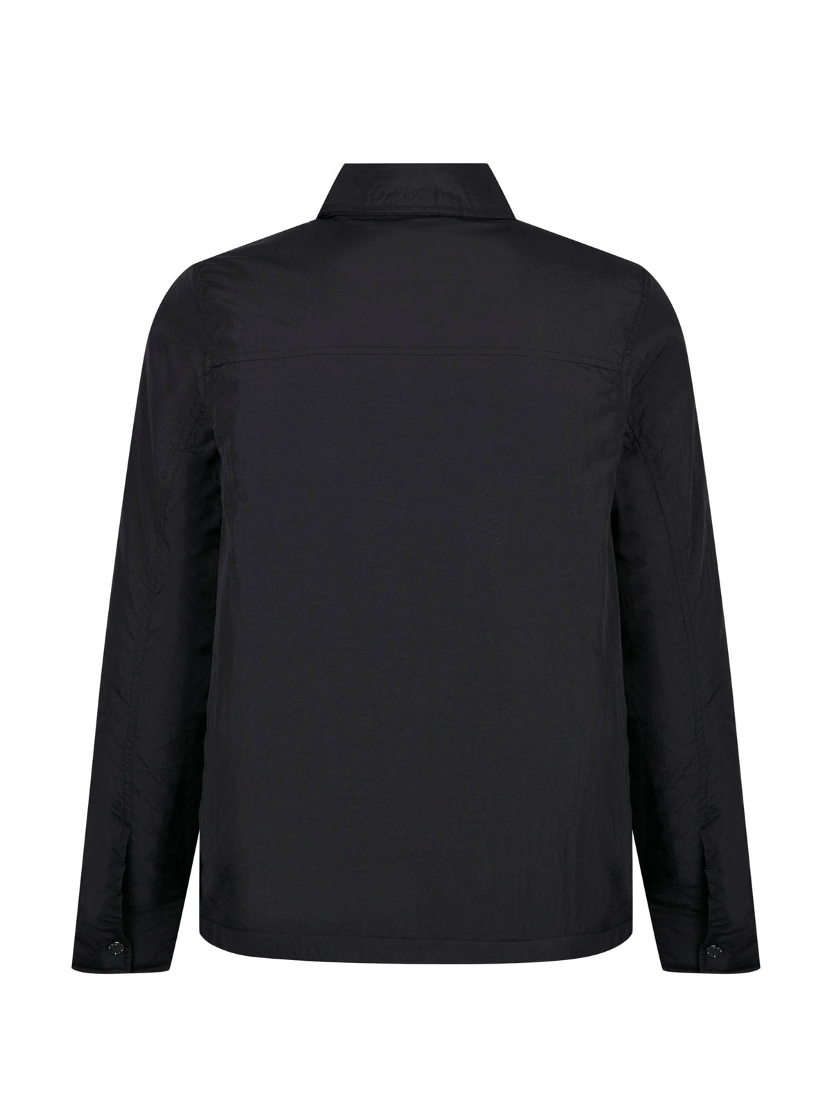 Men's black jacket with button-up front and front pocket, back view