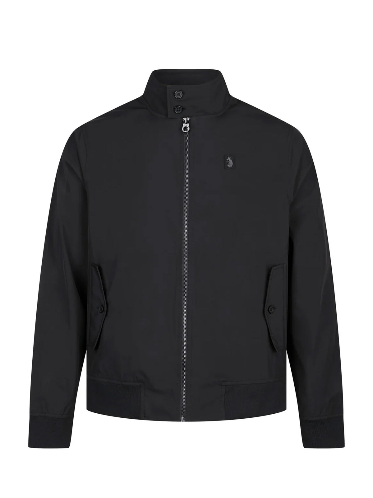 Men's black jacket with zip-up front and front pocket, front view