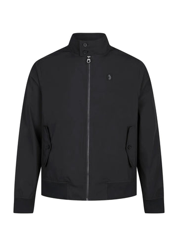 Men's black jacket with zip-up front and front pocket, front view