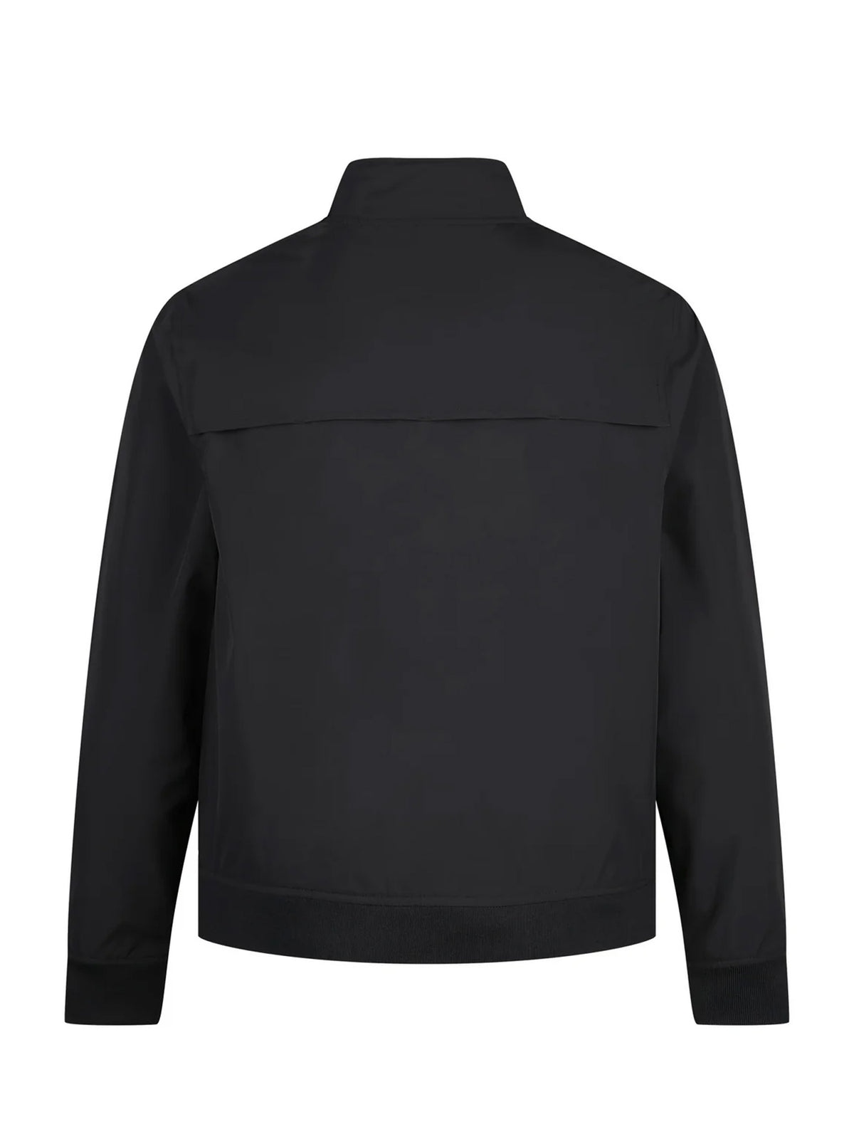 Men's black jacket with zip-up front and front pocket, side view
