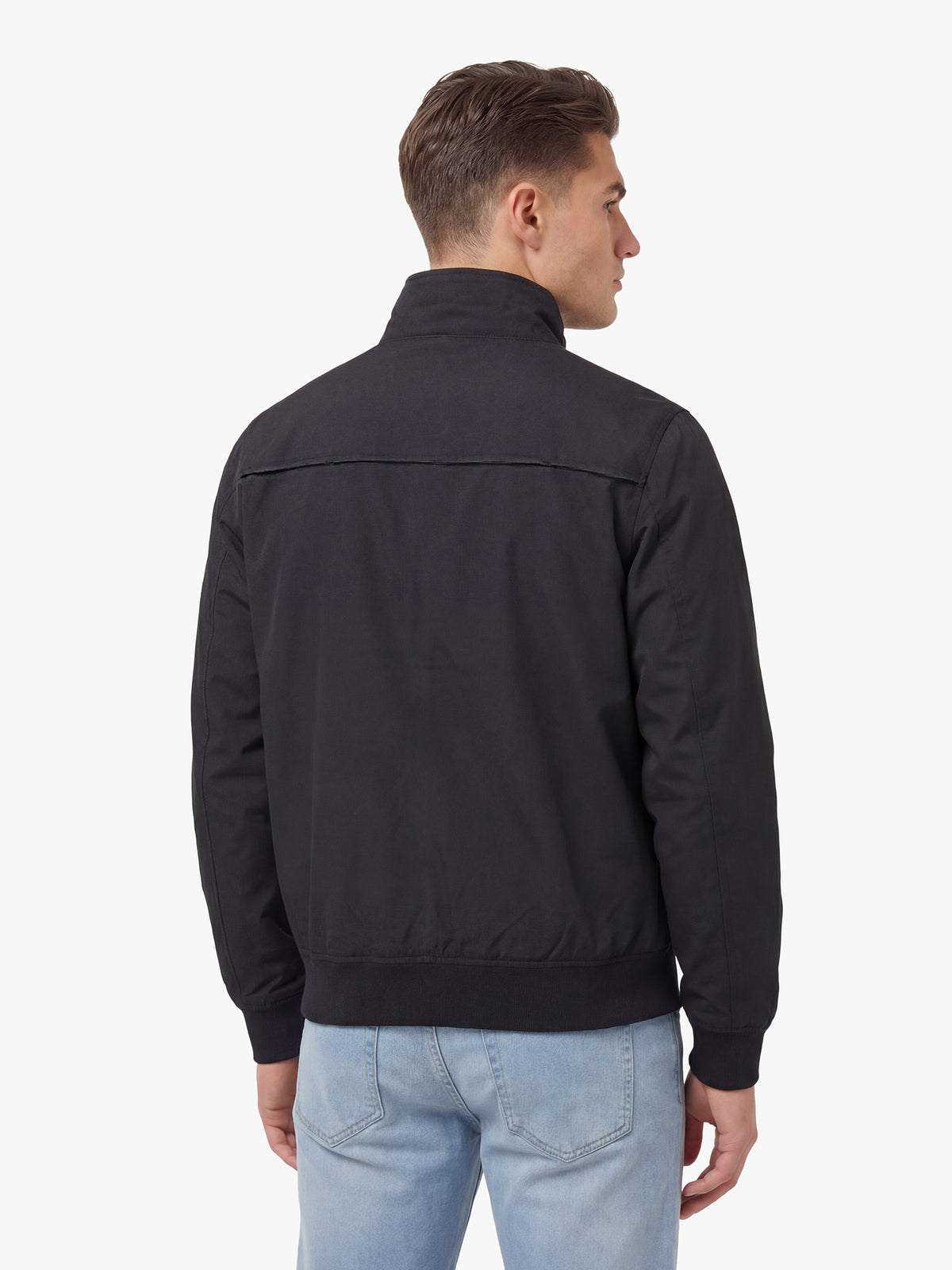 Men's black jacket with zip-up front and front pocket, back view