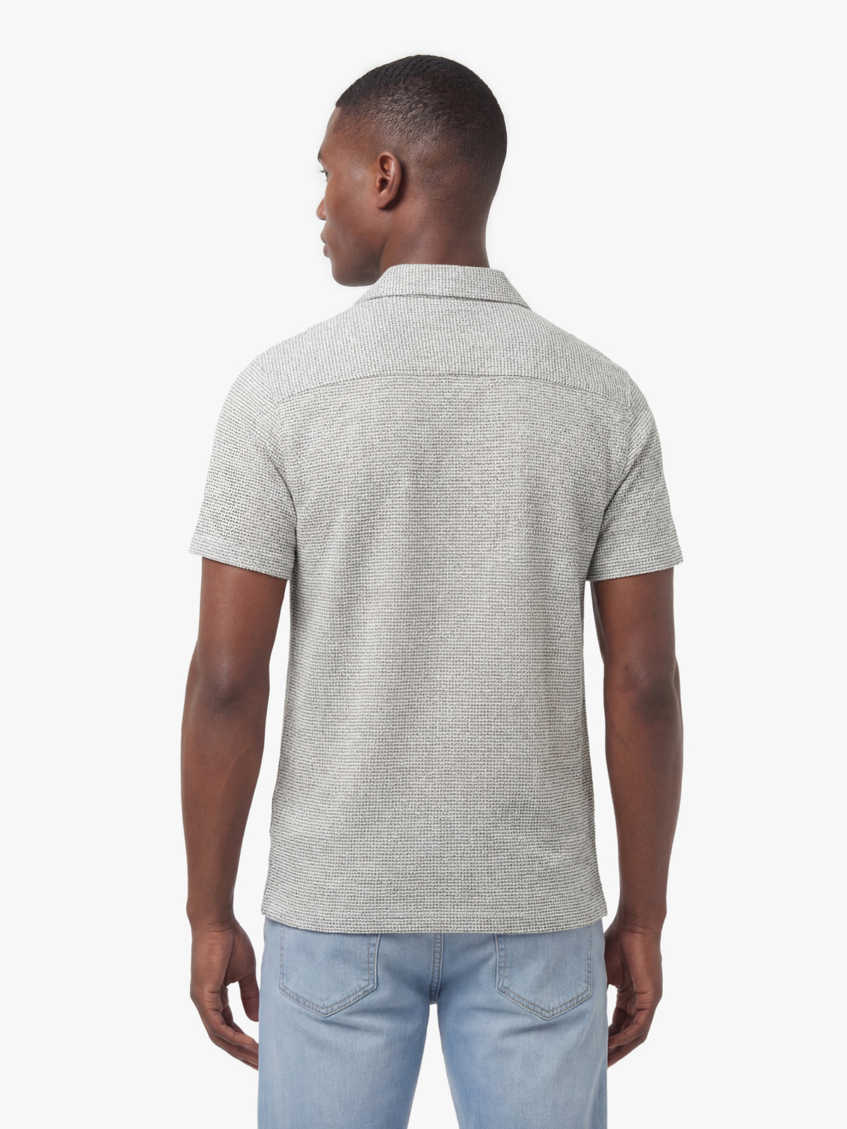 Men's grey shirt with button-up front, back view