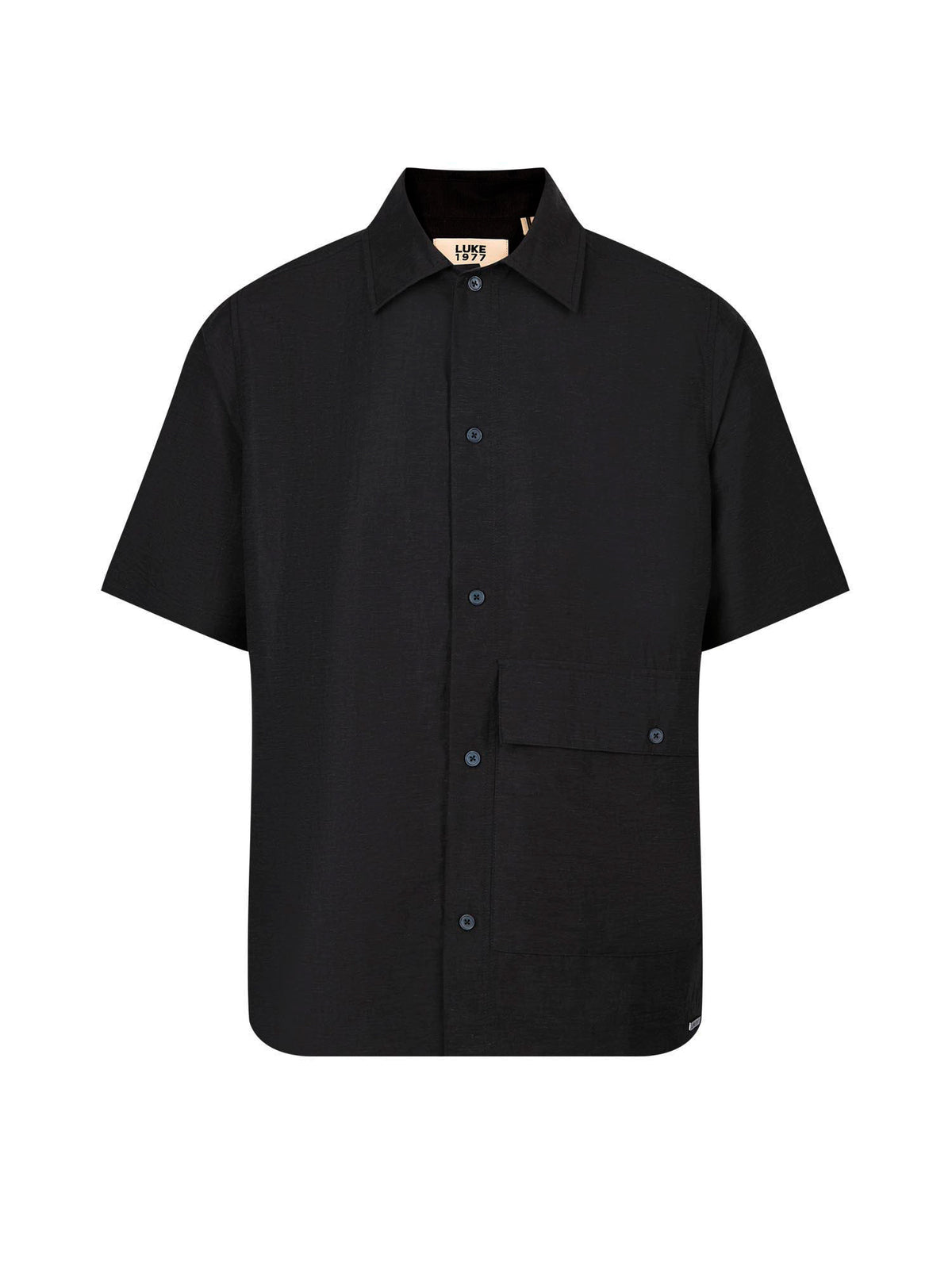Men's relaxed-fit black shirt with button-up front, front view
