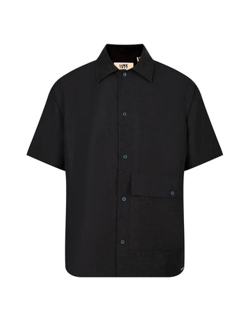 Men's relaxed-fit black shirt with button-up front, front view