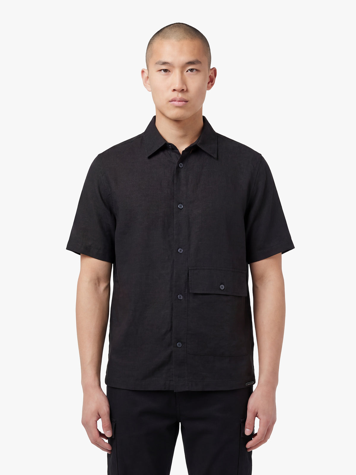 Men's relaxed-fit black shirt with button-up front, front view