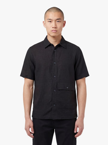 Men's relaxed-fit black shirt with button-up front, front view