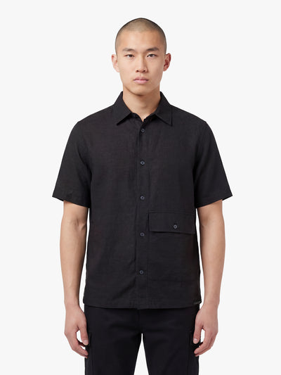 Men's relaxed-fit black shirt with button-up front, front view