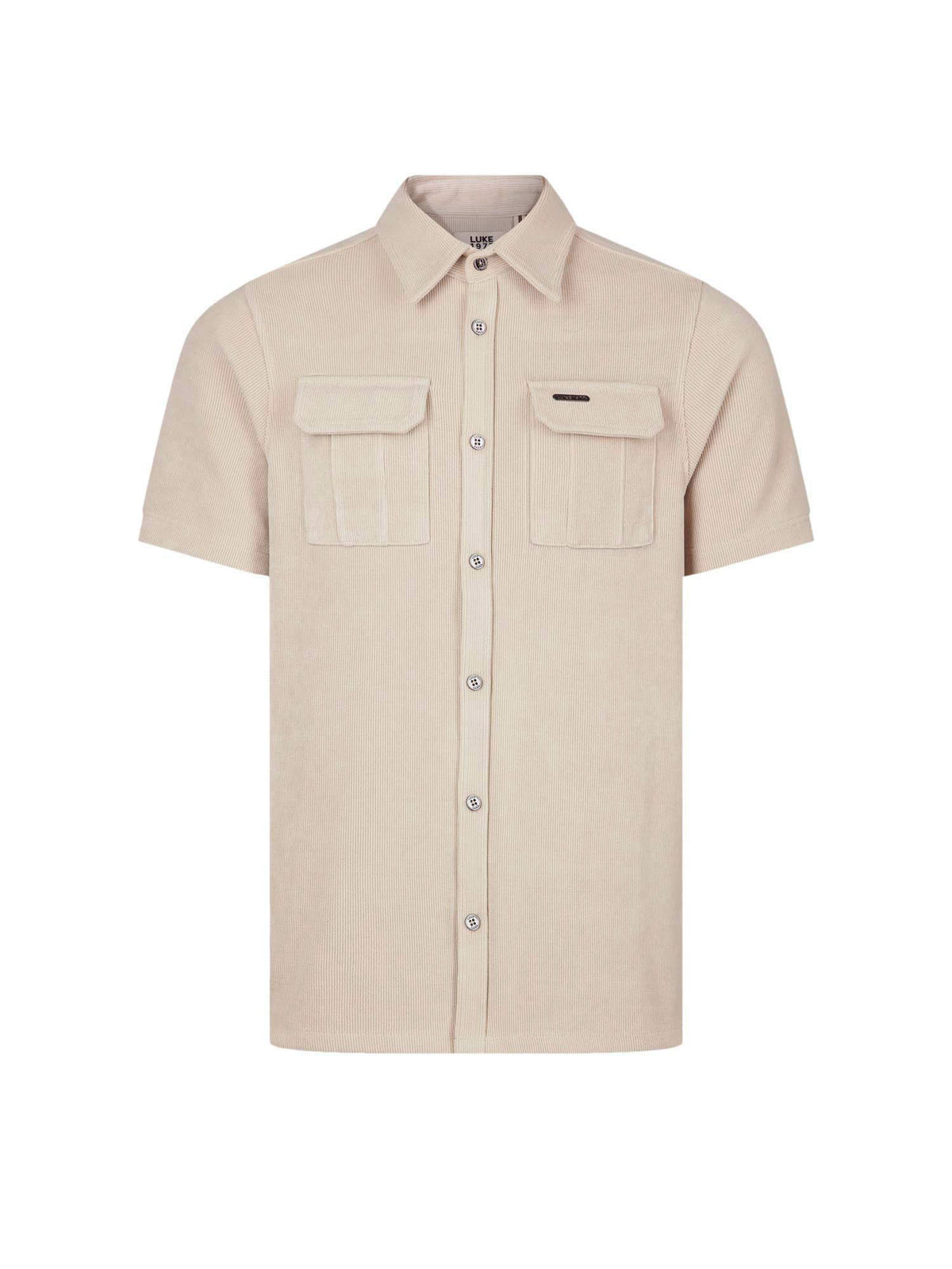 Men's beige shirt with button-up front, front view
