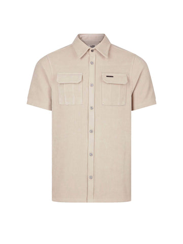 Men's beige shirt with button-up front, front view