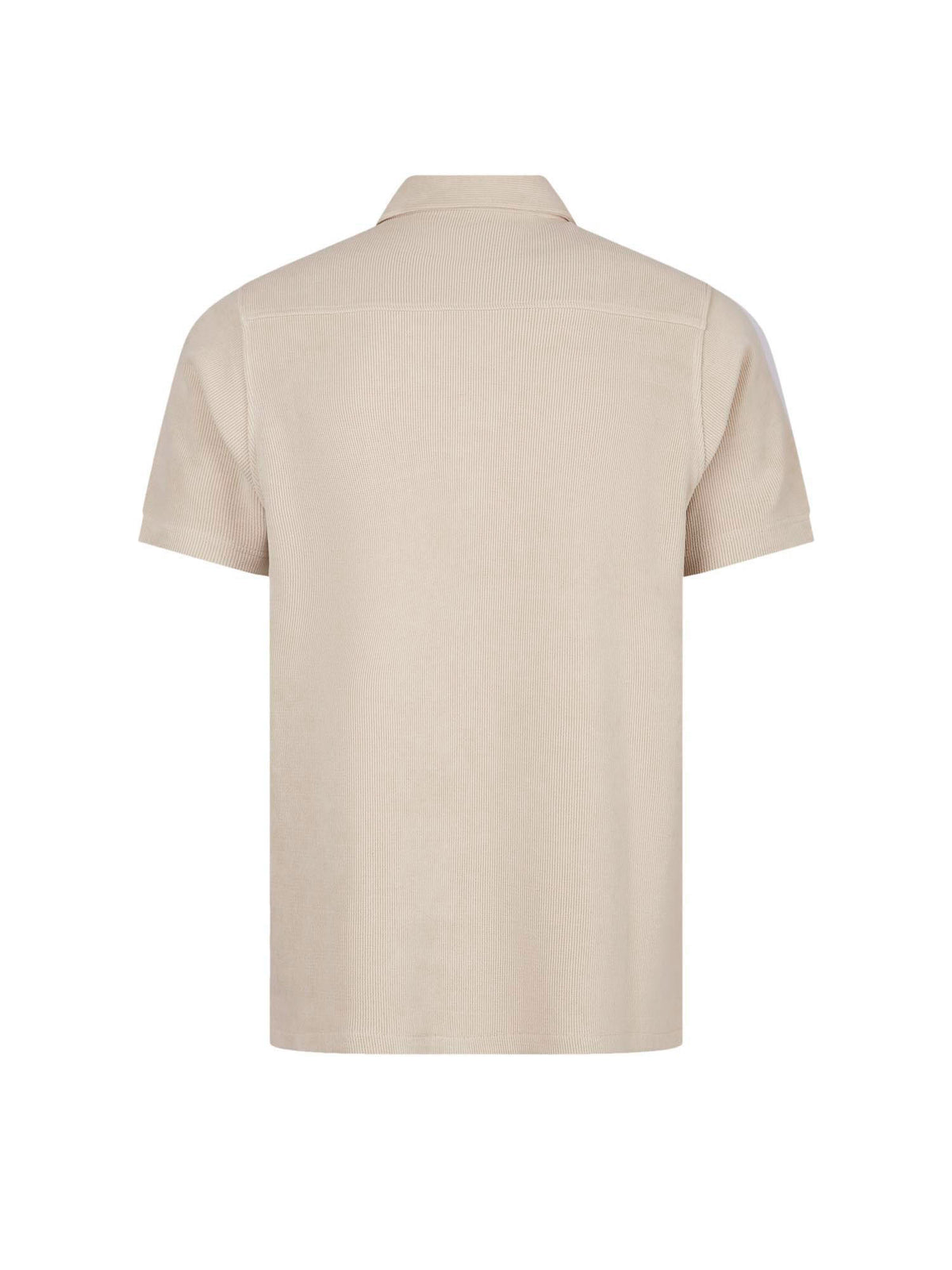 Men's beige shirt with button-up front, back view