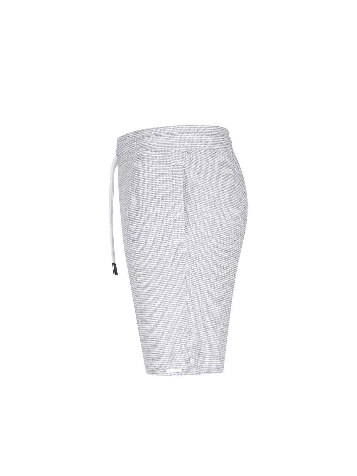 Men's grey shorts with drawstring waistband, side view