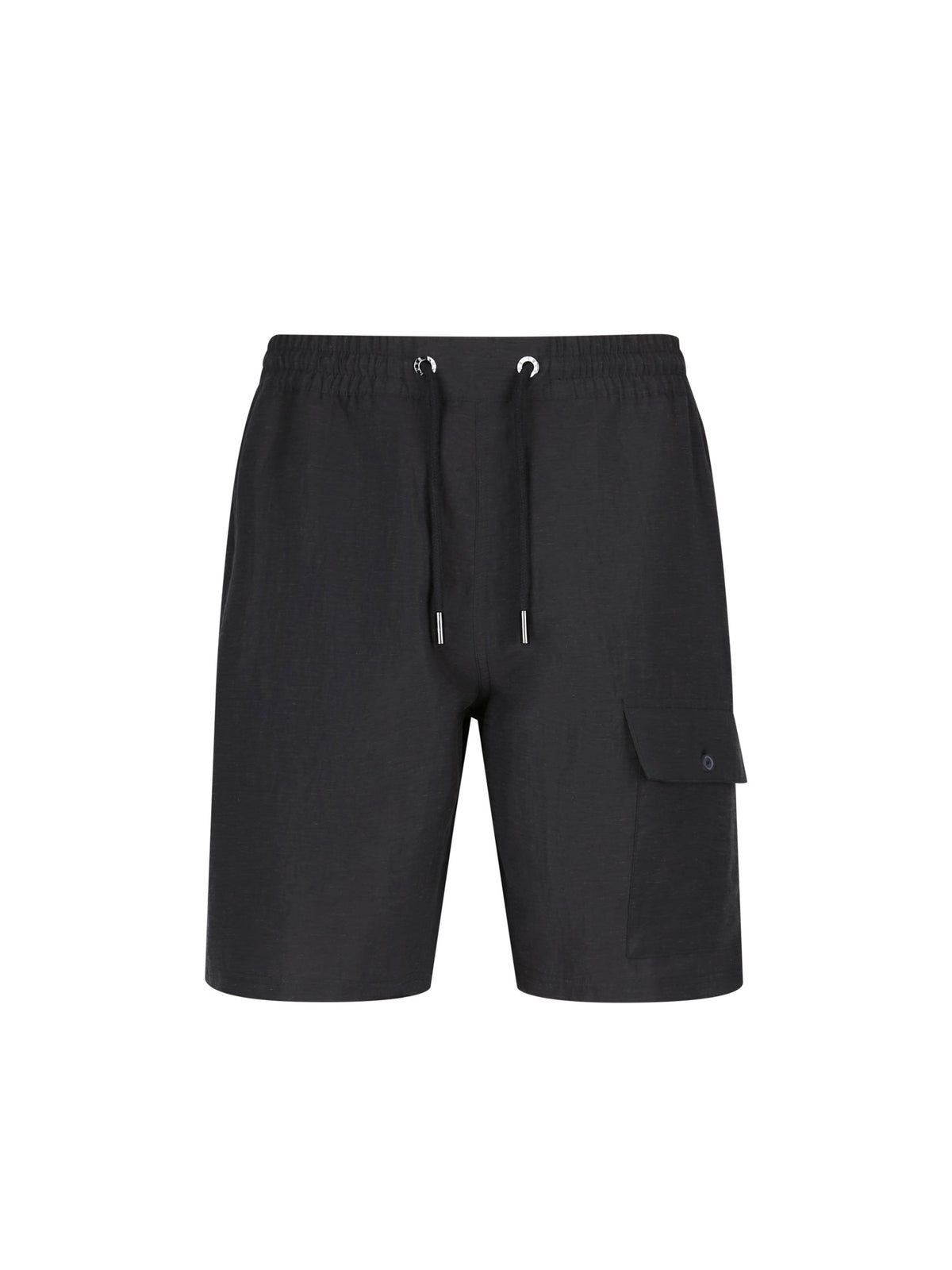 Men's black shorts with drawstring waistband and cargo pockets, front view
