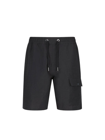 Men's black shorts with drawstring waistband and cargo pockets, front view