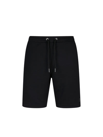 Men's black shorts with drawstring waistband, front view