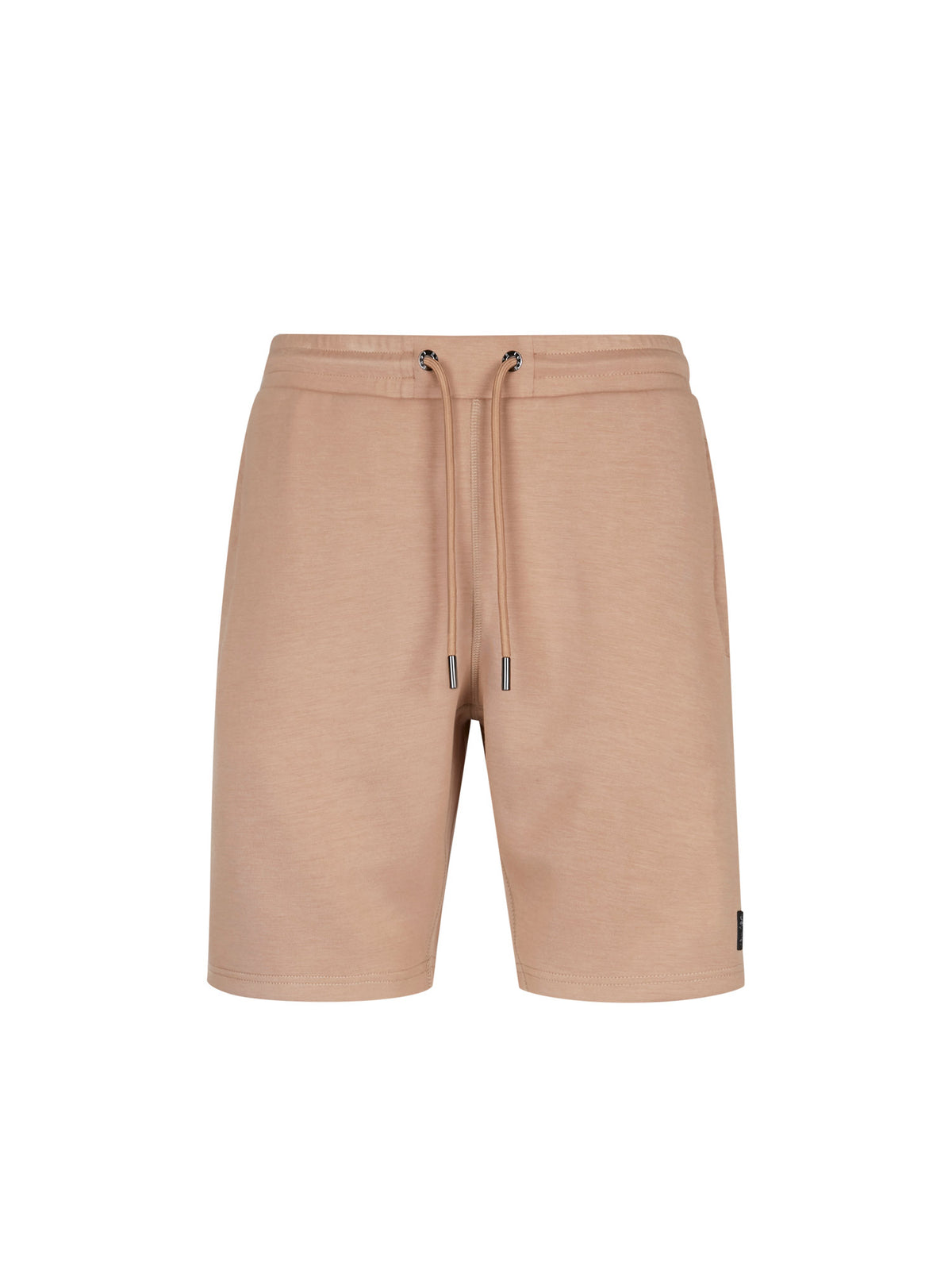 Men's beige shorts with drawstring waistband, front view