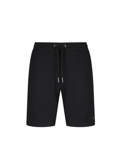 Men's black shorts with drawstring waistband, front view