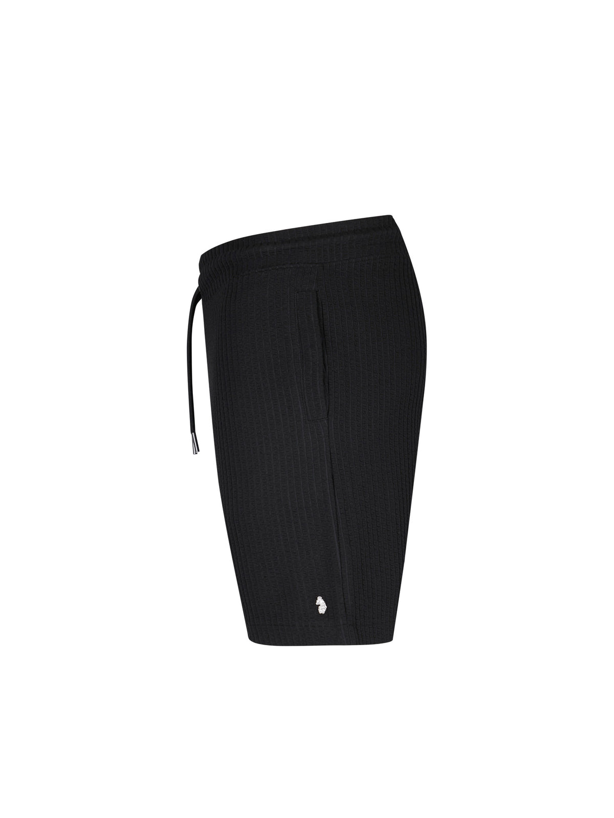 Men's black shorts with drawstring waistband, side view