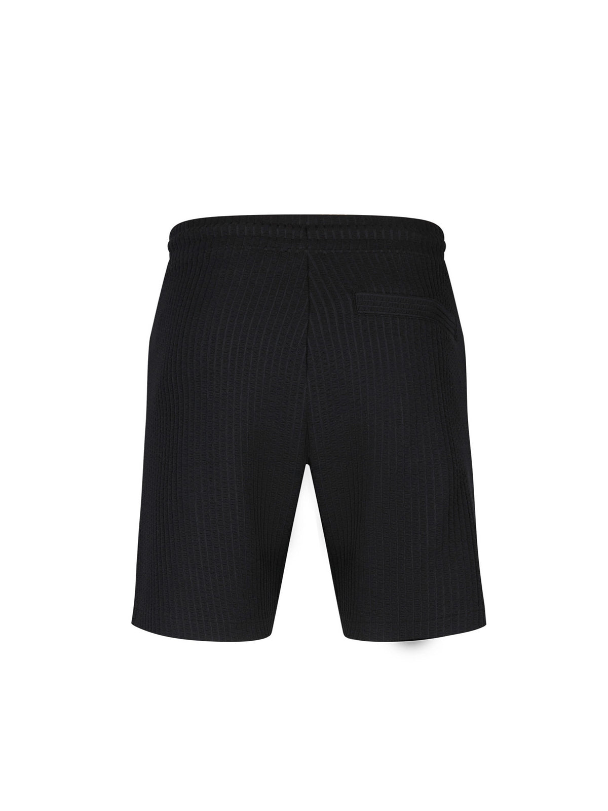 Men's black shorts with drawstring waistband, back view