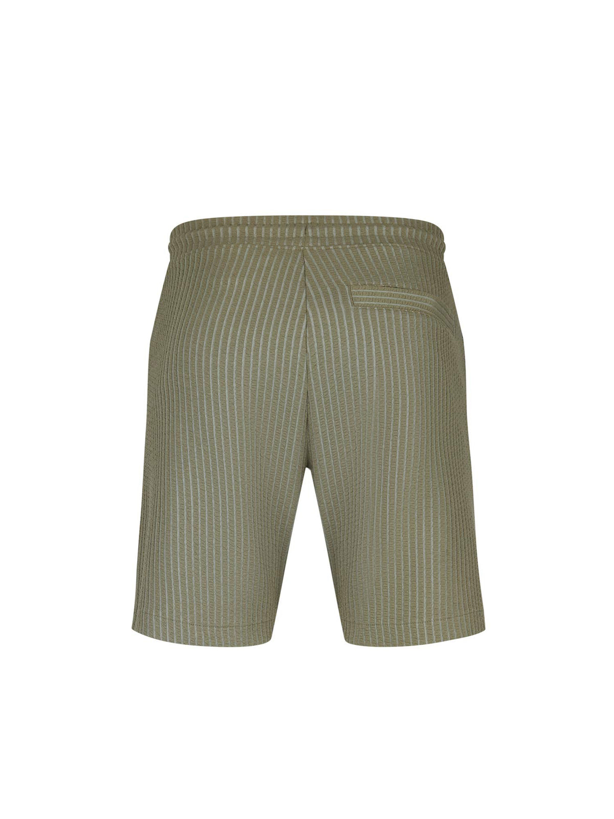 Men's green shorts with drawstring waistband, back view