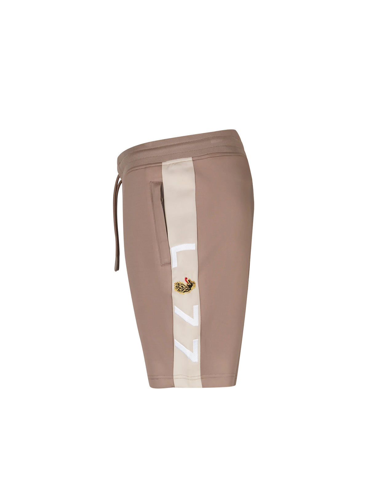 Men's brown shorts with drawstring waistband, side view