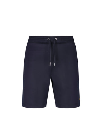 Men's navy shorts with drawstring waistband, front view
